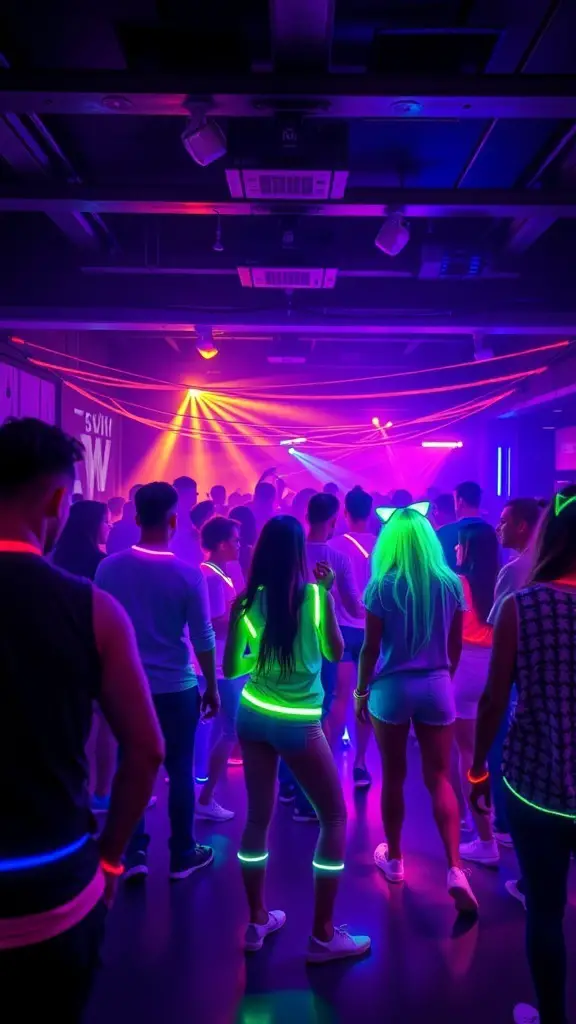 A vibrant glow-in-the-dark dance party with people dancing under neon lights.