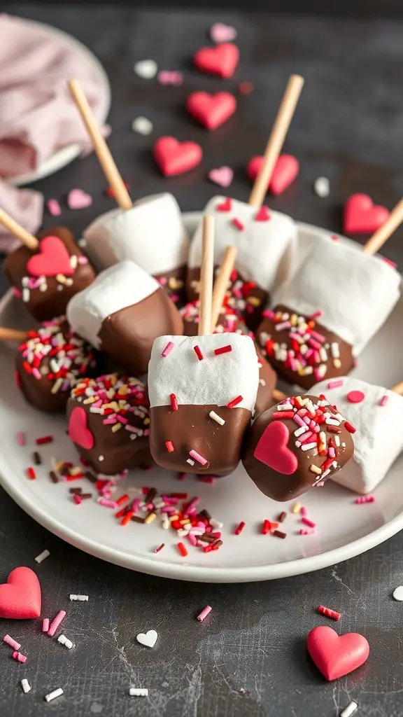 A plate of chocolate-dipped marshmallows decorated with colorful sprinkles and heart-shaped candies.