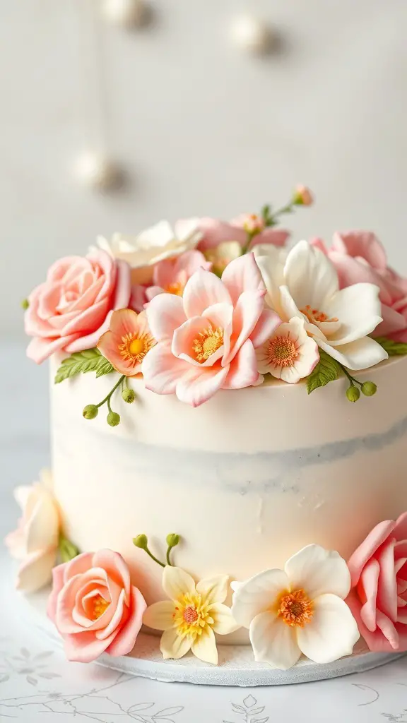 A beautifully decorated spring flower cake with buttercream flowers in soft pink and white.