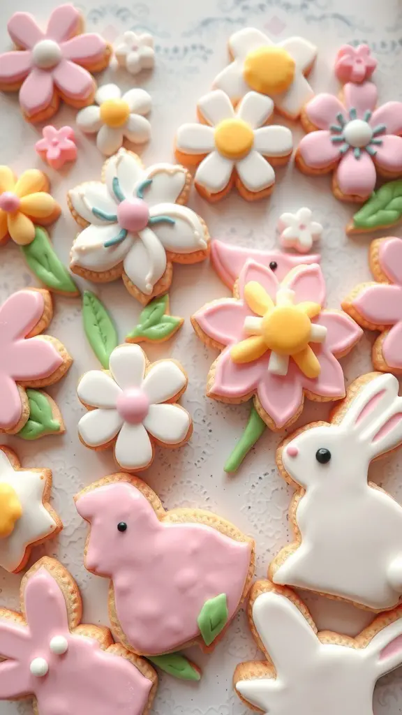 Colorful spring-themed sugar cookies shaped like flowers, bunnies, and chicks, decorated with icing.