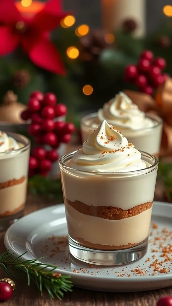 No-bake eggnog cheesecake cups with whipped cream and nutmeg on top, surrounded by festive decorations.