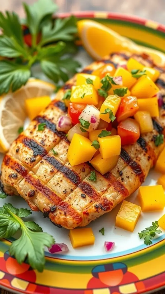Grilled chicken breast topped with mango salsa, garnished with lemon and parsley on a colorful plate.