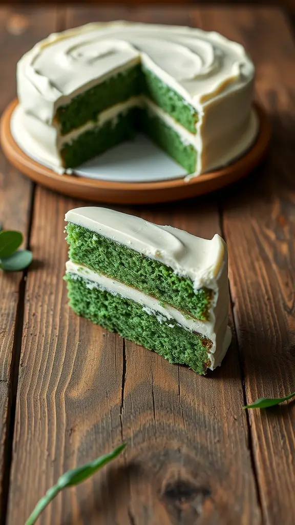 A slice of green velvet cake with cream cheese frosting on a wooden table.