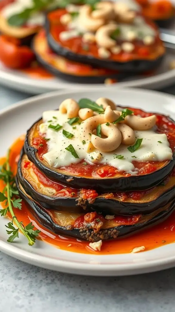 A delicious plate of Eggplant Parmesan with layers of roasted eggplant, cashew cheese, and tomato sauce, garnished with herbs.