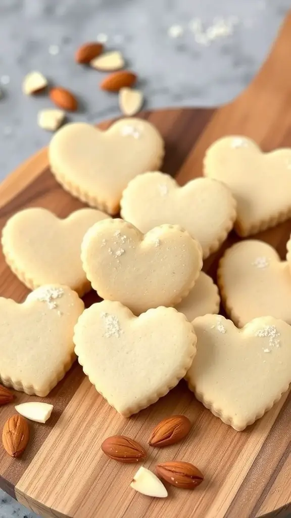 Heart-shaped almond flour cookies on a wooden board with almonds
