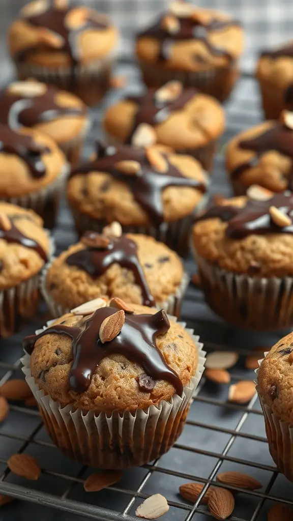 A close-up of chocolate chip almond muffins with chocolate drizzle and slivered almonds on top.