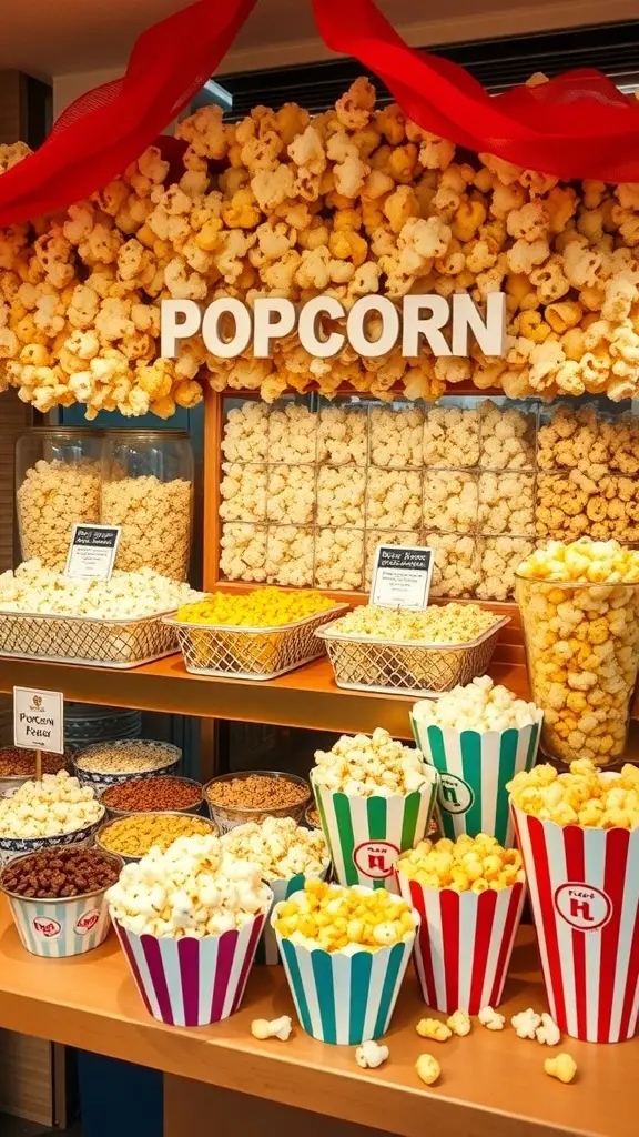 A colorful gourmet popcorn bar with various popcorn flavors and toppings.