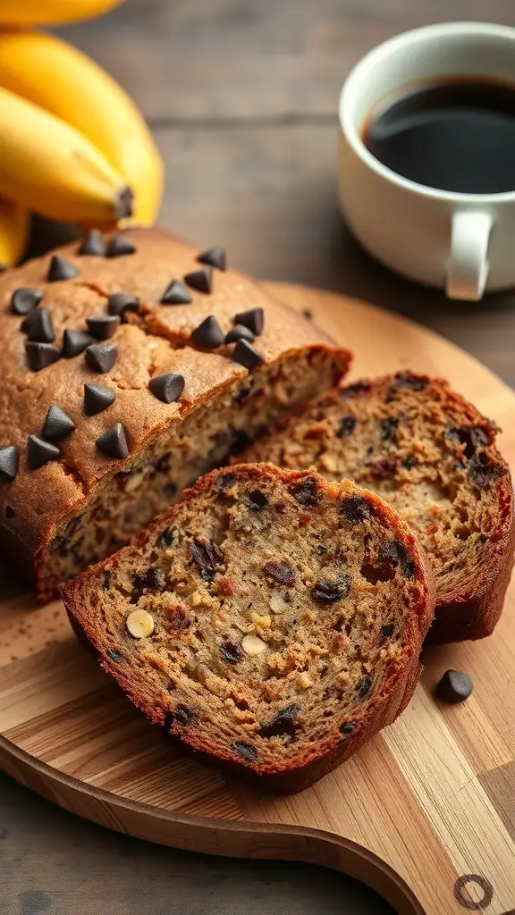 A loaf of chocolate chip banana bread sliced on a wooden board, with bananas and a cup of coffee in the background.
