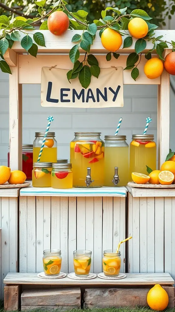 A charming lemonade stand featuring various jars of lemonade, fresh lemons, and colorful straws.