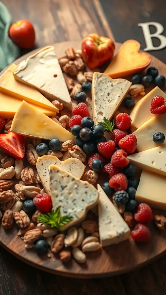 A beautifully arranged Valentine's Day cheese board featuring various cheeses, fruits, and nuts.
