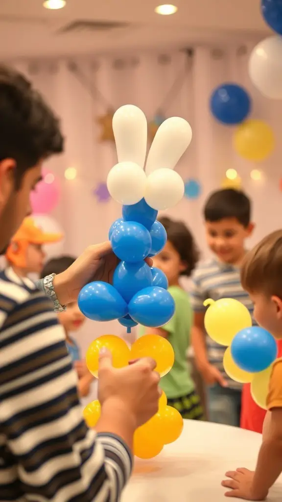A person creating a balloon animal while children watch excitedly.