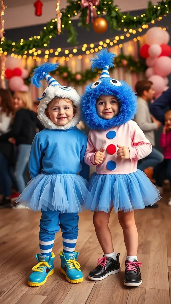 Two children in Bluey-themed costumes, one in blue and the other in pink, both wearing tutus and playful hats.