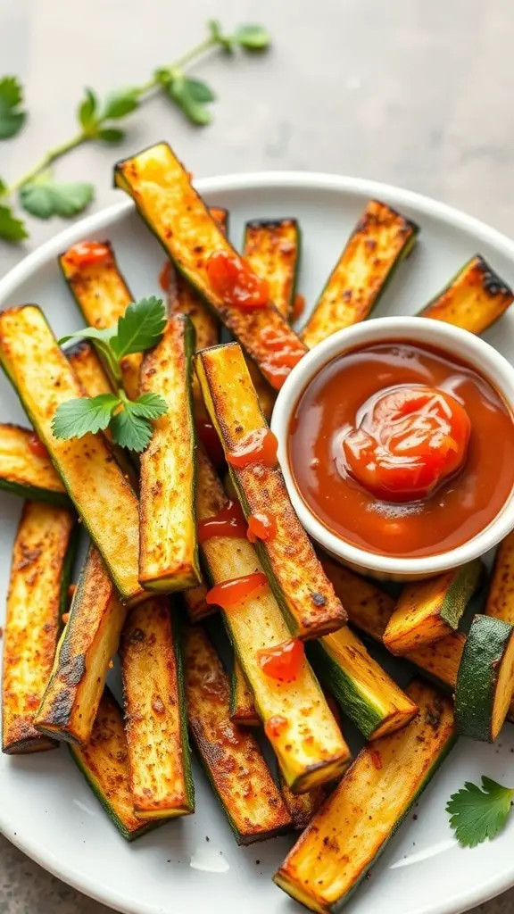 A plate of crispy baked zucchini fries served with marinara sauce