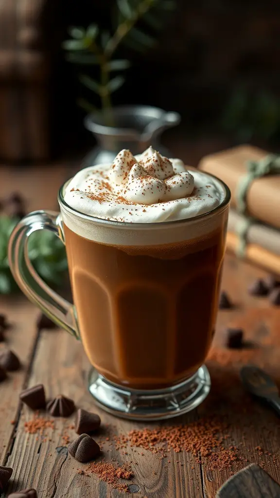 A glass of Irish coffee topped with whipped cream and cocoa, surrounded by chocolate chips and coffee grounds.