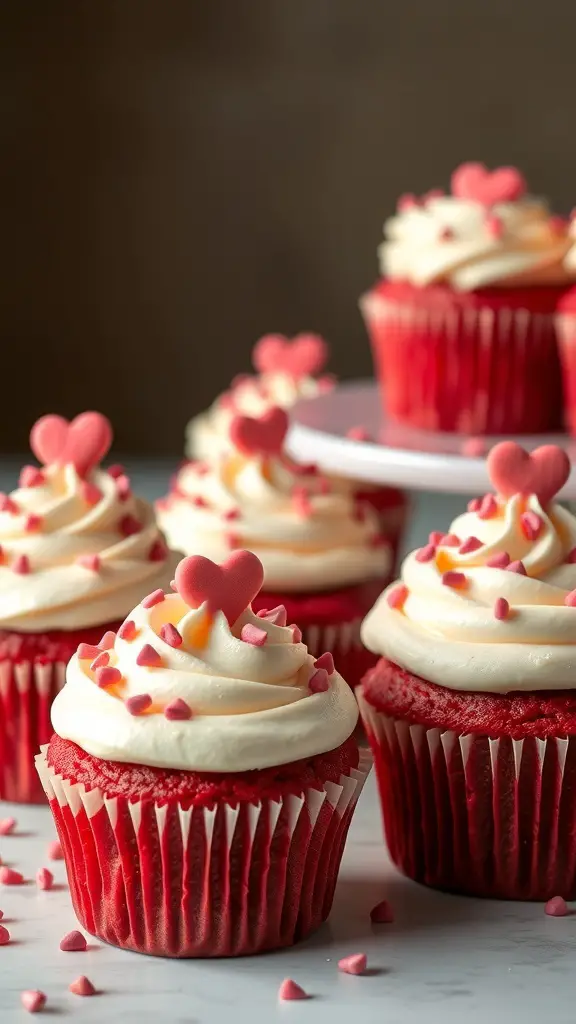 Red velvet cupcakes with cream cheese frosting and heart-shaped decorations