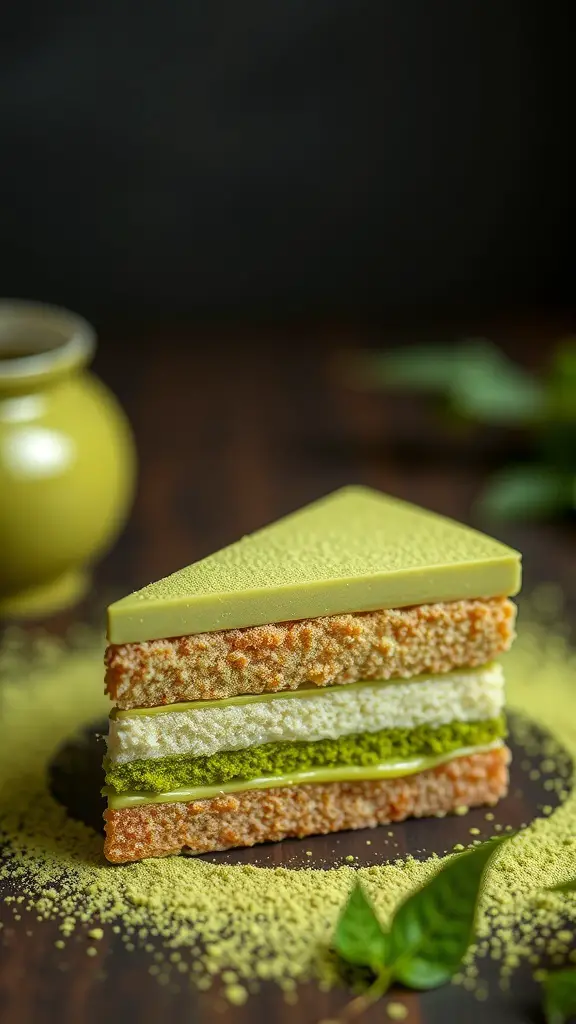 A slice of matcha green tea bento cake with layers of sponge and cream, surrounded by matcha powder.