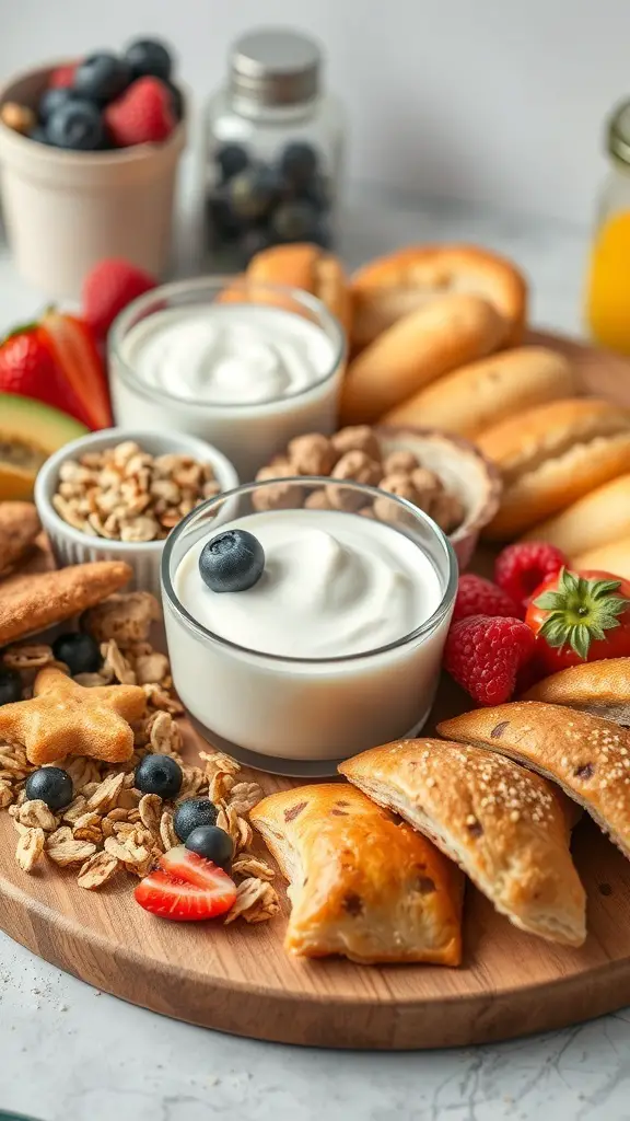 A breakfast charcuterie board featuring yogurt, fresh fruits, pastries, and granola.