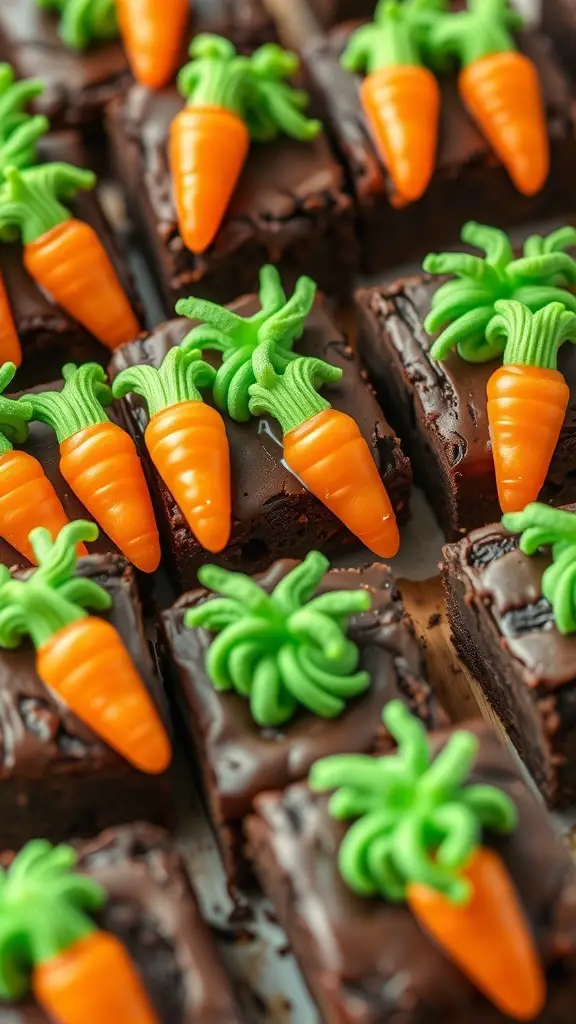 Brownies decorated with green frosting and candy carrots, resembling a carrot patch.