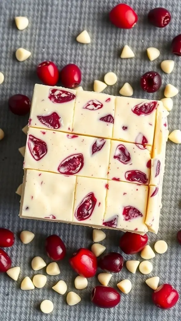 A square of white chocolate cranberry fudge surrounded by cranberries and white chocolate chips.