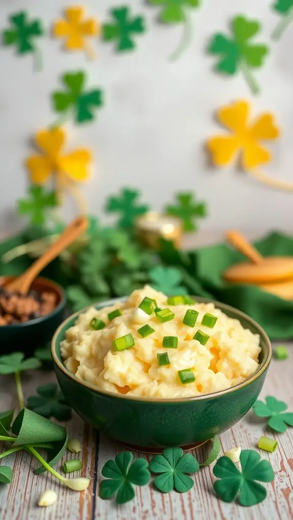 Bowl of colcannon with green onions, surrounded by St. Patrick's Day decorations