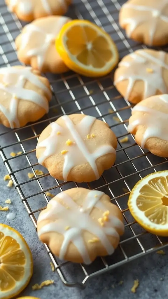Lemon zest sugar cookies on a cooling rack with lemon slices