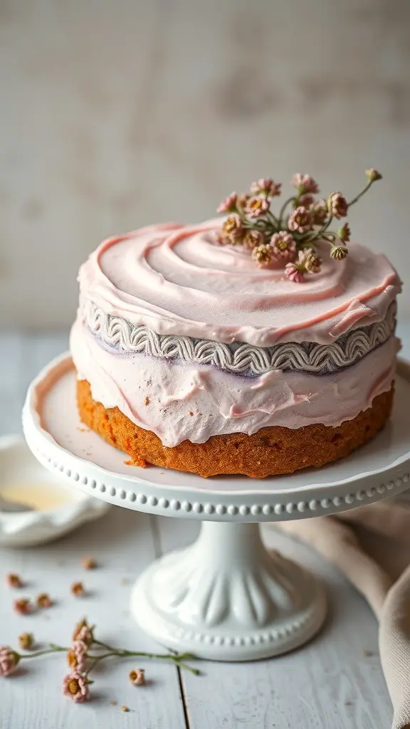 A beautifully decorated rose and chamomile cake with pink frosting and delicate flowers on top.