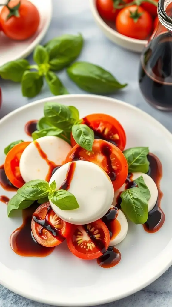 A plate of Caprese salad with sliced tomatoes, mozzarella, basil, and balsamic drizzle.