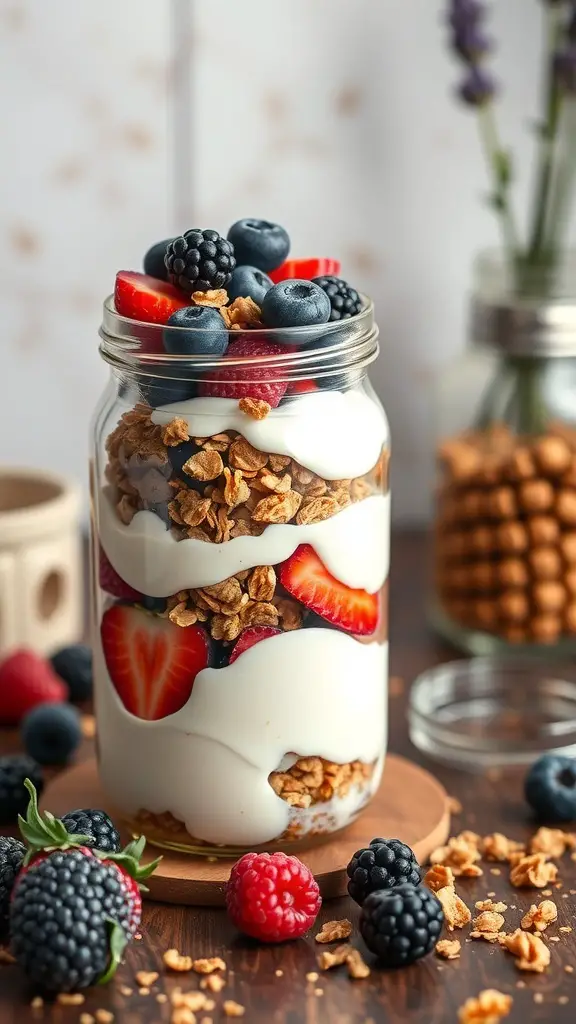 A jar of Lavender Infused Honey Yogurt Parfait with layers of yogurt, granola, and fresh berries.