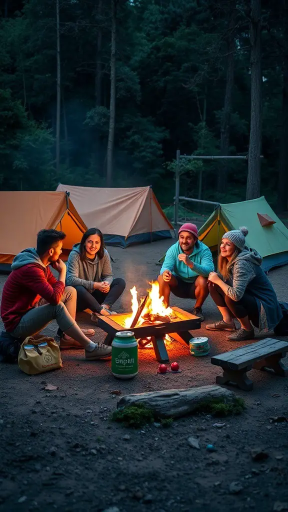 Group of friends enjoying a camping trip around a campfire with tents in the background.