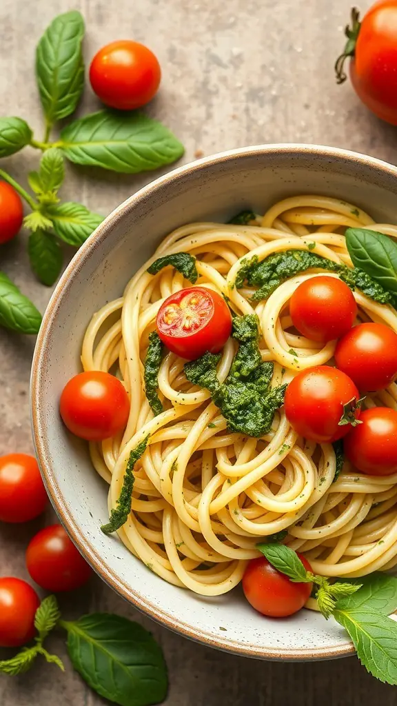 A bowl of zucchini noodles with pesto and cherry tomatoes, garnished with fresh basil.