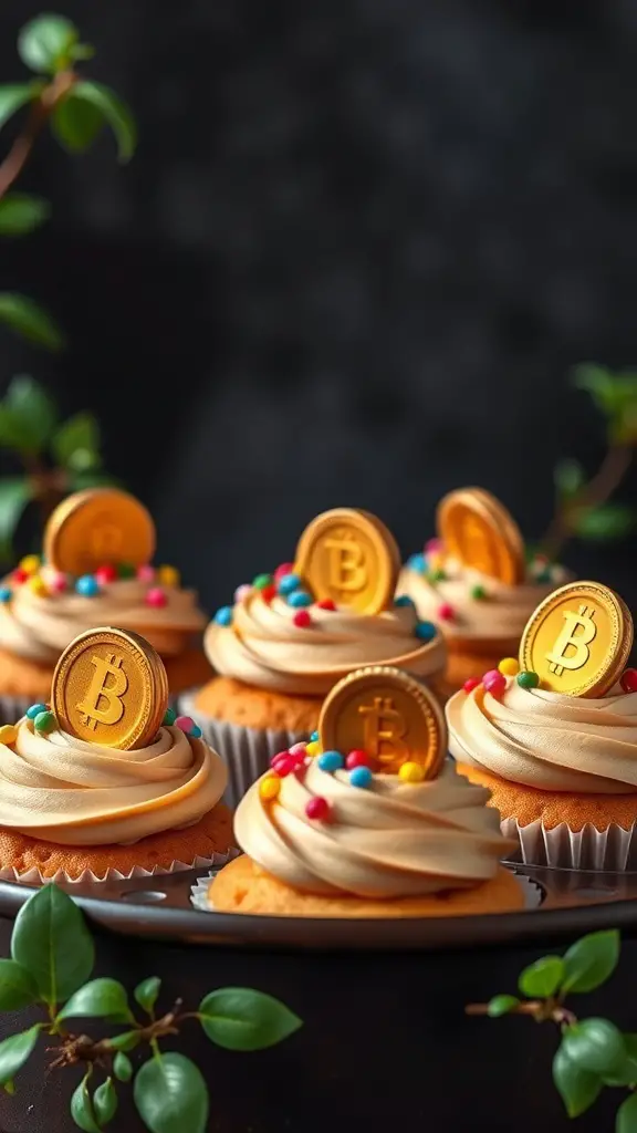 Colorful cupcakes topped with frosting and chocolate coins, decorated for St. Patrick's Day.