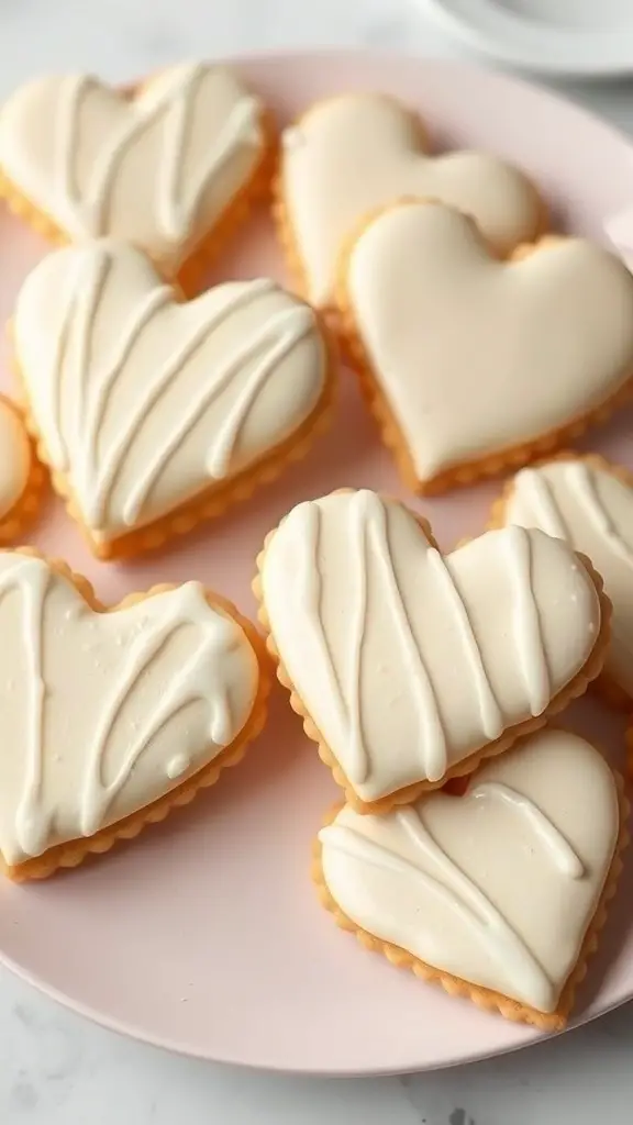 A plate of heart-shaped vanilla bean cookies with white icing.