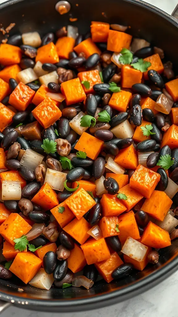 A skillet filled with colorful sweet potato hash featuring diced sweet potatoes, black beans, and fresh cilantro.