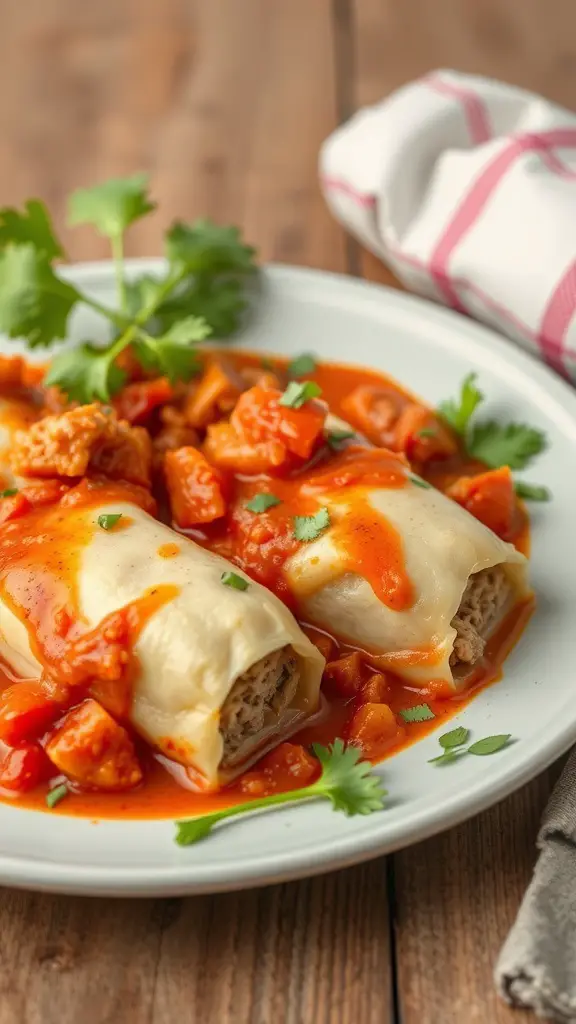 Plate of cabbage rolls filled with ground turkey and topped with tomato sauce and herbs.