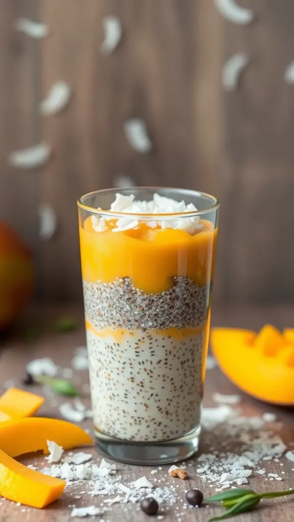 A glass of chia seed pudding layered with mango puree and topped with coconut flakes.