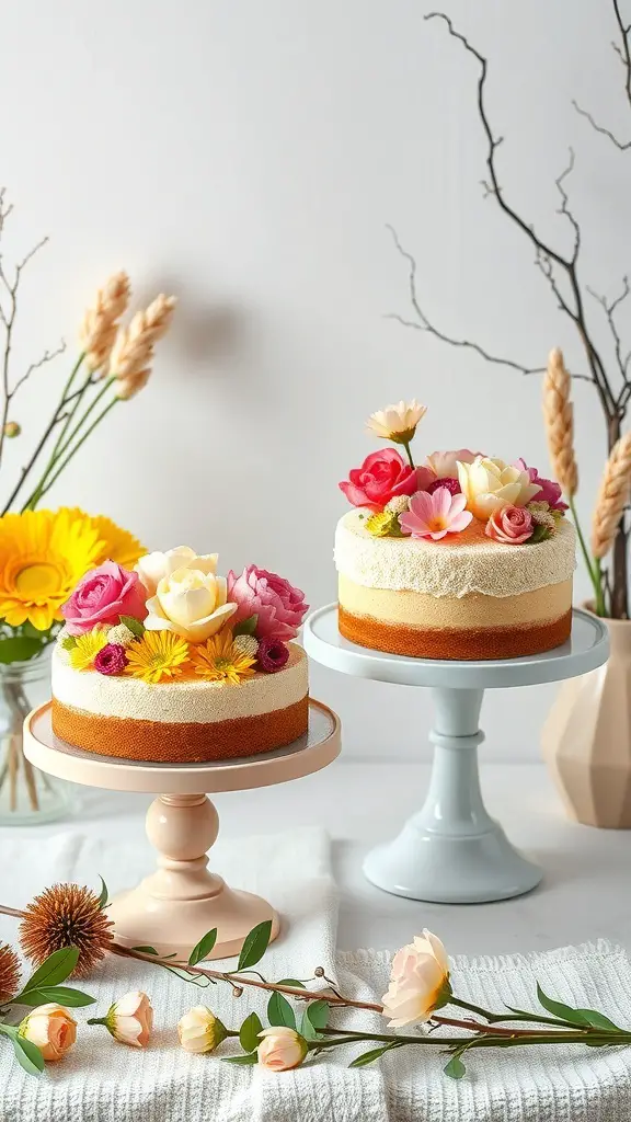 Two spring-themed cakes on pastel cake stands, decorated with colorful flowers.
