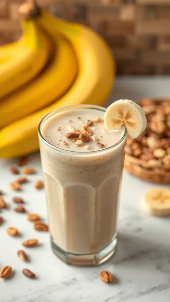 A glass of Nut Butter Banana Smoothie with bananas and peanuts in the background.