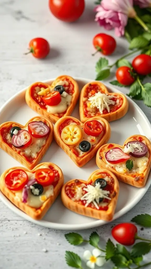 A plate of heart-shaped mini pizzas topped with various ingredients, surrounded by cherry tomatoes and fresh herbs.