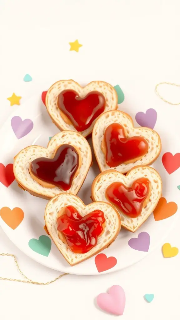 A plate of heart-shaped sandwiches with colorful ketchup fillings.