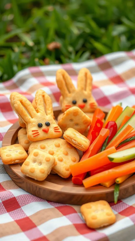 A plate of cheesy bunny-shaped crackers with colorful vegetables on a picnic blanket.