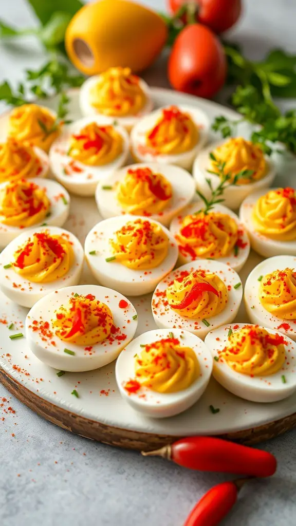 A platter of deviled eggs topped with paprika, garnished with herbs and surrounded by fresh vegetables.