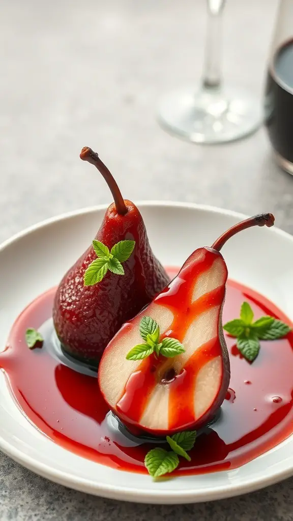 Red wine poached pears served on a plate with mint leaves and a glass of red wine in the background.