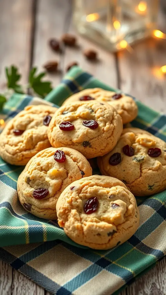 A stack of Irish soda bread cookies with cranberries on a plaid cloth.