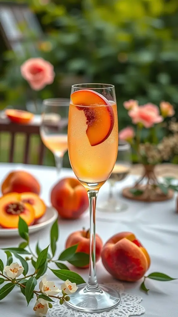A glass of Peach Bellini with fresh peach slices, surrounded by peaches and flowers on a brunch table.
