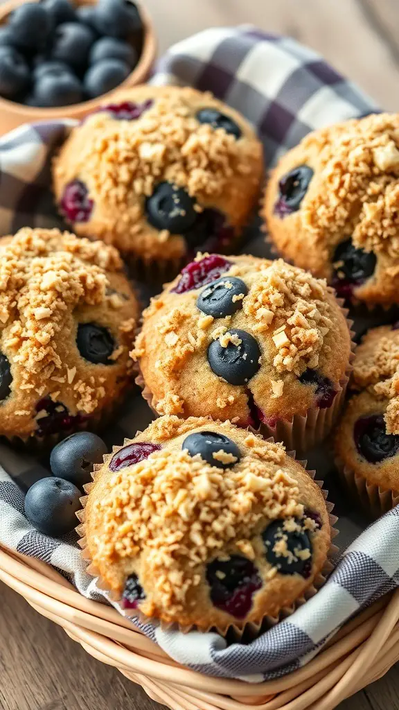 A basket of blueberry muffins with streusel topping, accompanied by fresh blueberries.
