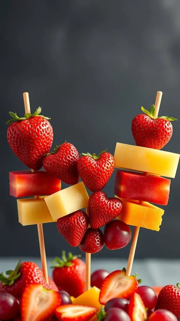 Colorful fruit kabobs featuring strawberries, cheese, and gummy candies
