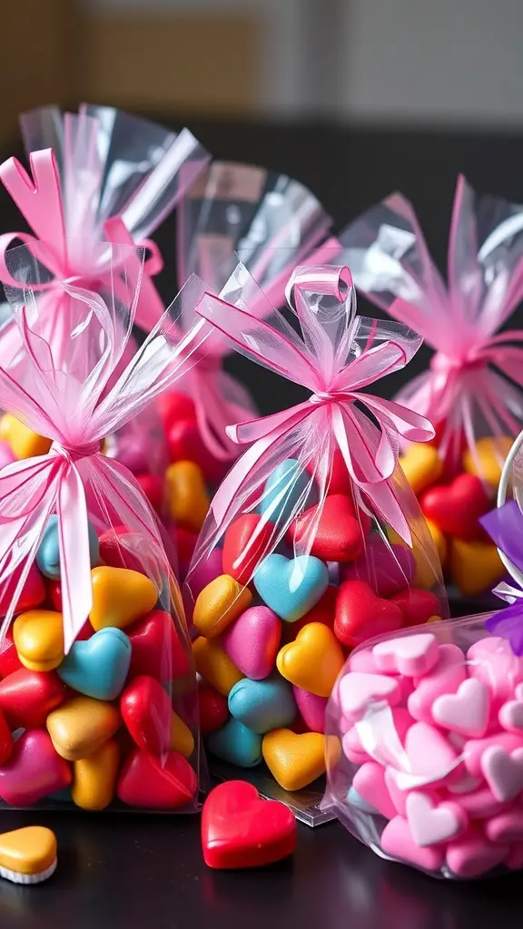 Colorful heart-shaped candy bags tied with pink ribbons