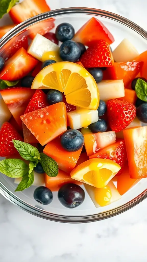 A vibrant fruit salad with strawberries, blueberries, melon, and lemon slices in a glass bowl.
