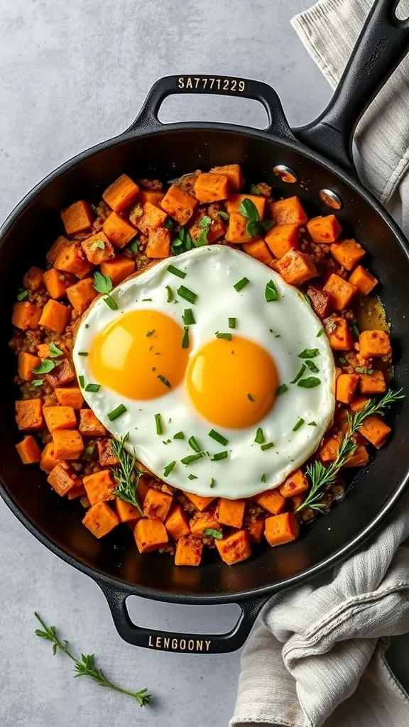 A skillet filled with sweet potato hash topped with two sunny-side-up eggs and garnished with fresh herbs.