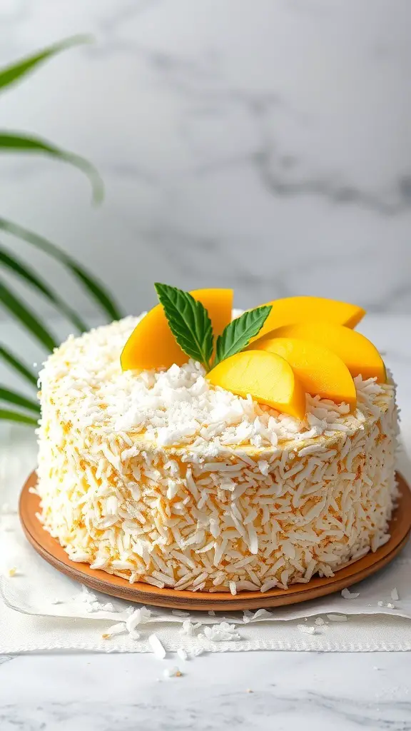 A bento cake topped with mango slices and shredded coconut, set on a wooden plate.
